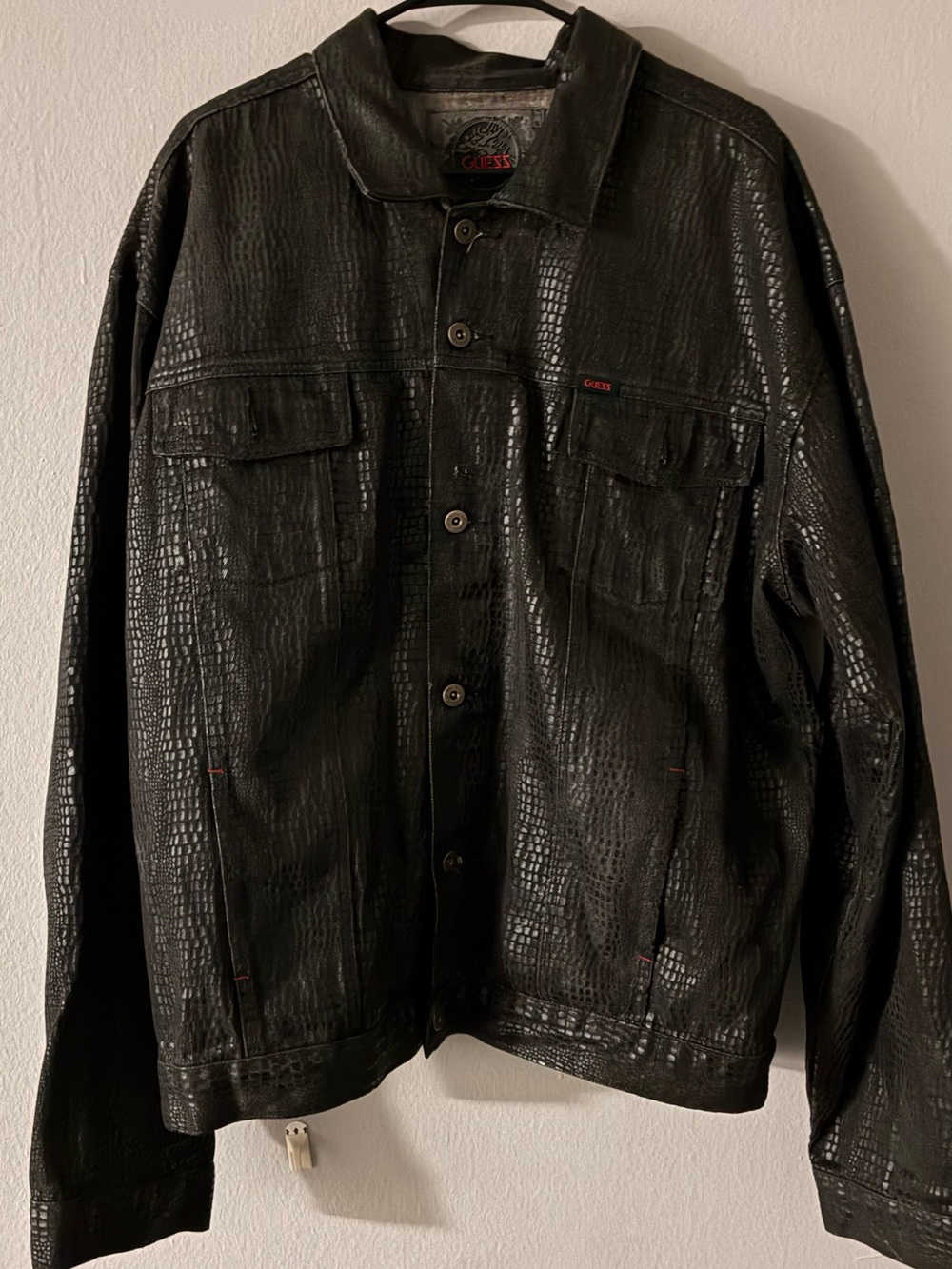 Guess Black Faux-Croc Trucker Jacket with Subtle Red Detail